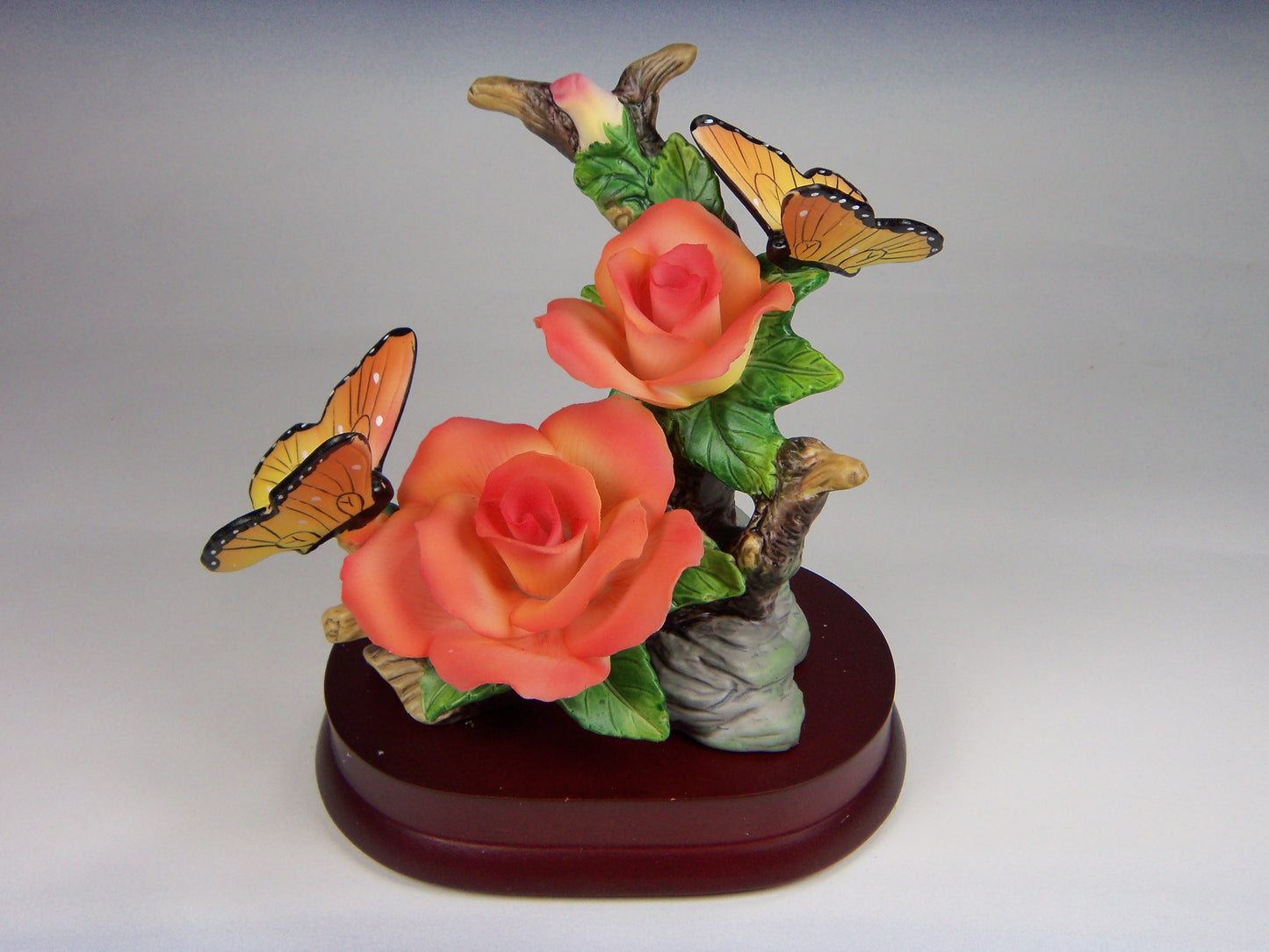 Ceramic Rose Flowers with Butterflies on Wooden Base Figurine Home Decor Gift for Her Gift for Mom - Figurine