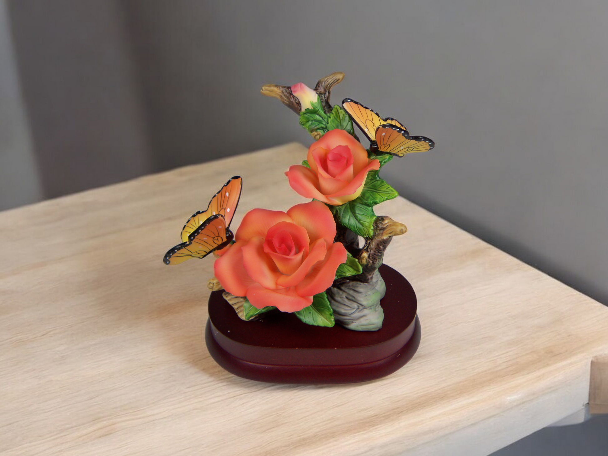 Ceramic Rose Flowers with Butterflies on Wooden Base Figurine Home Decor Gift for Her Gift for Mom - Figurine