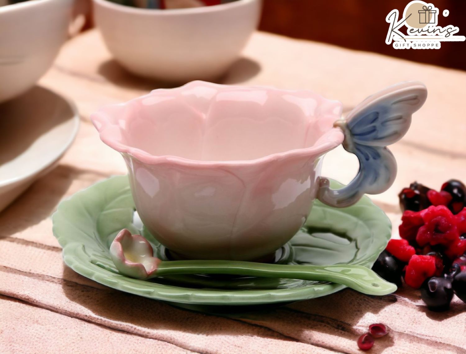 Ceramic Rose with Butterfly Cup and Saucer and Spoon-1 Set Gift for Her Gift for Mom Gift for Friend Tea Party Décor