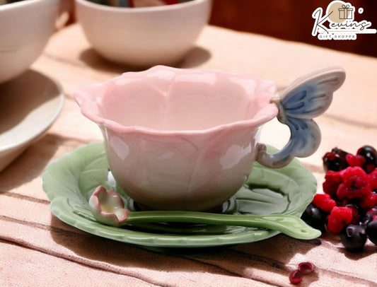Ceramic Rose with Butterfly Cup and Saucer and Spoon-1 Set Gift for Her Gift for Mom Gift for Friend Tea Party Décor