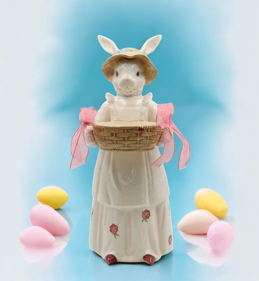 Ceramic Rosy Bunny Rabbit Holding Basket Candy Holder Easter Decor Spring Decor Farmhouse Kitchen Decor - Candy Dish