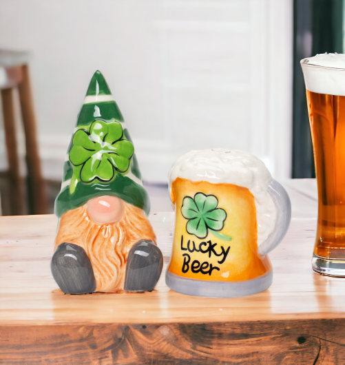 Ceramic Saint Patrick’s Day Gnome with Beer Salt and Pepper Shakers Irish Beer Fairy Garden Decor Lucky Beer Gift