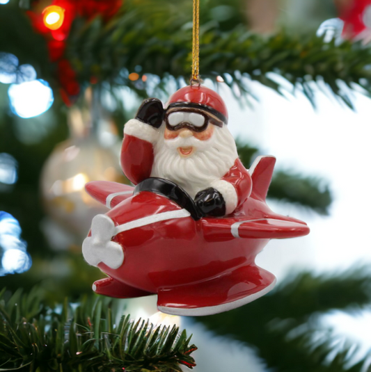 Ceramic Santa Claus Flying Red Airplane Ornament Home Décor Gift for Pilot Her Mom Him Dad Christmas tree Décor Wall
