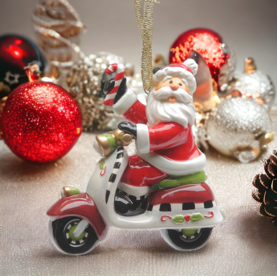Ceramic Santa Claus Riding Scooter Ornament Home Décor Gift for Her Mom Him Dad Christmas tree Décor Wall Decor