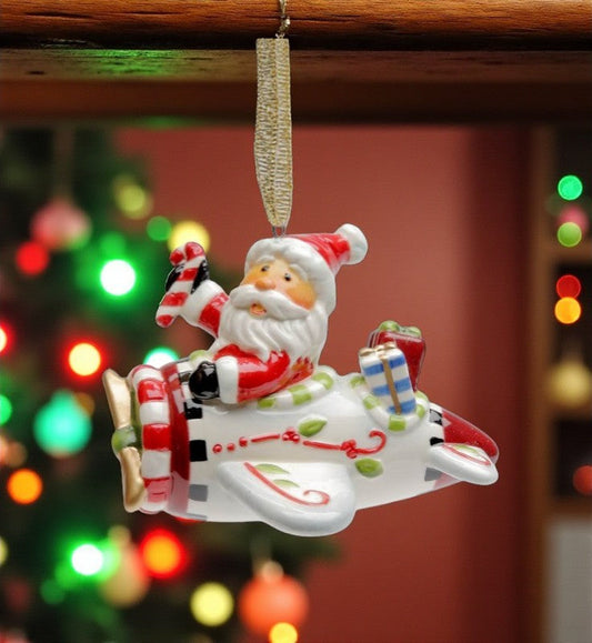 Ceramic Santa Flying Airplane Tree Ornament Home Décor Gift for Her Him Dad Mom Gift for Pilot Christmas Décor