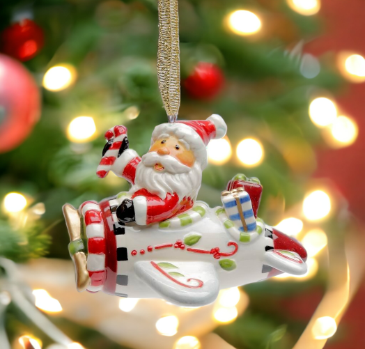 Ceramic Santa Flying Airplane Tree Ornament Home Décor Gift for Her Him Dad Mom Gift for Pilot Christmas Décor