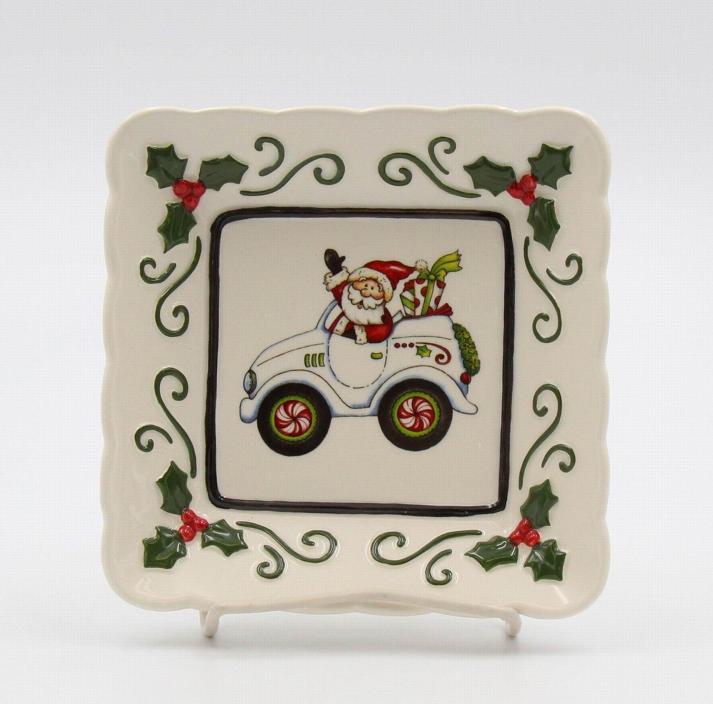 Ceramic Santa Is Coming To Town Driving Car Square Plate Set Of 3 Home Décor Gift for Her Gift for Mom Kitchen Décor