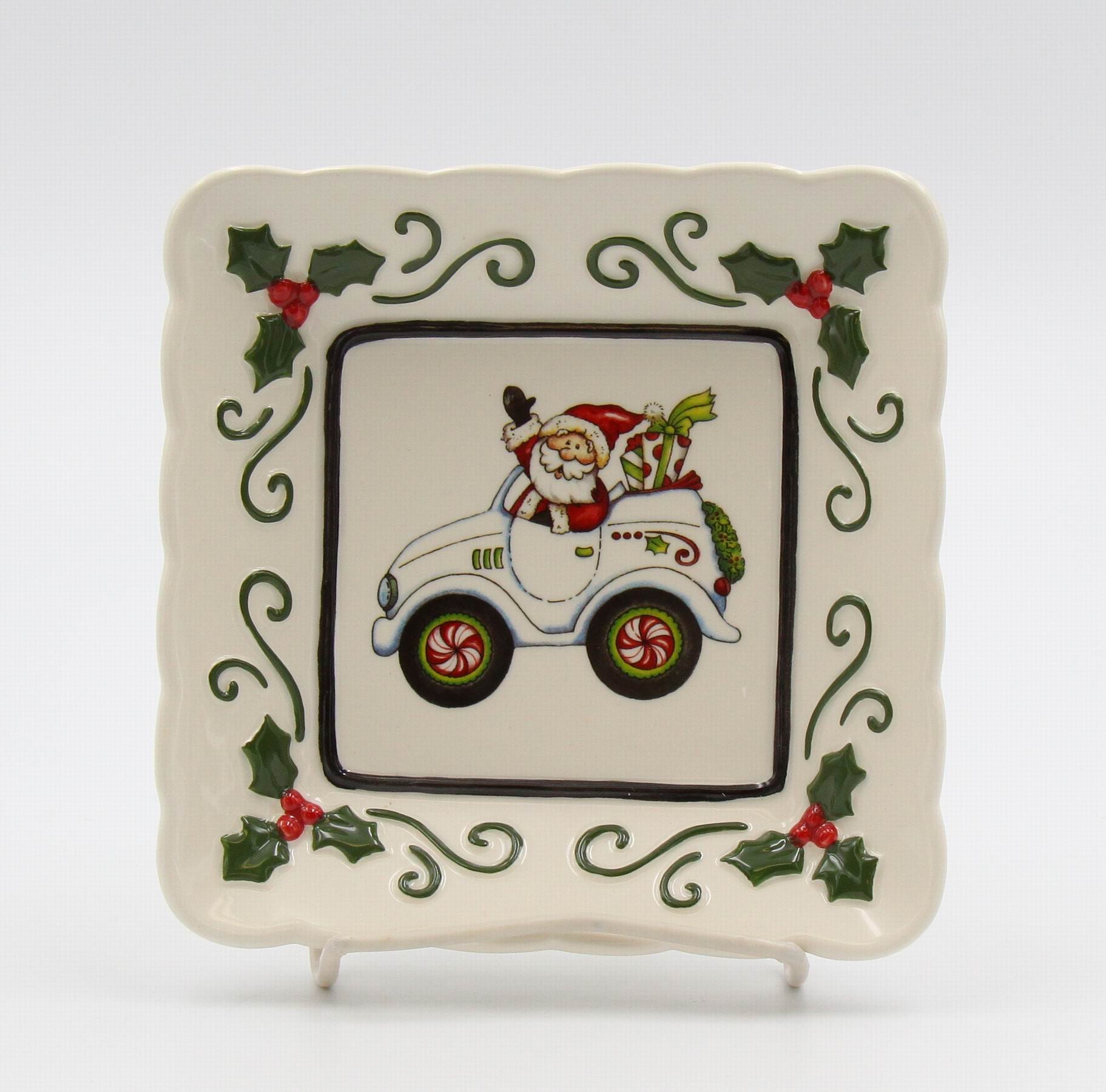 Ceramic Santa Is Coming To Town Driving Car Square Plate Set Of 3 Home Décor Gift for Her Gift for Mom Kitchen Décor