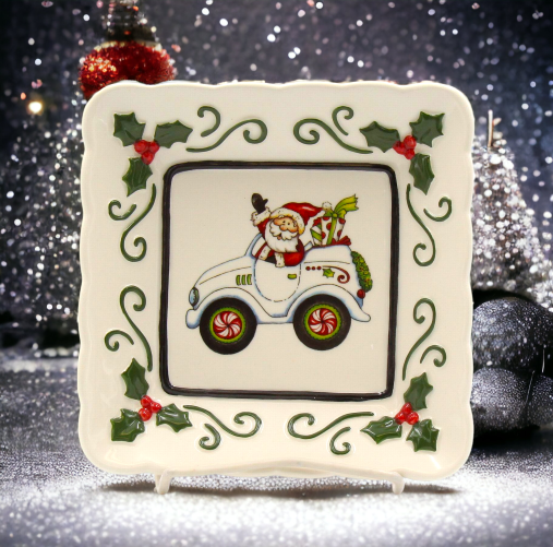 Ceramic Santa Is Coming To Town Driving Car Square Plate Set Of 3 Home Décor Gift for Her Gift for Mom Kitchen Décor