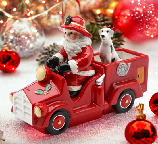 Ceramic Santa On A Firetruck Salt and Pepper Shakers with Box (Set Of 3) Home Décor Gift for Firefighter Christmas