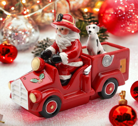 Ceramic Santa On A Firetruck Salt and Pepper Shakers with Box (Set Of 3) Home Décor Gift for Firefighter Christmas