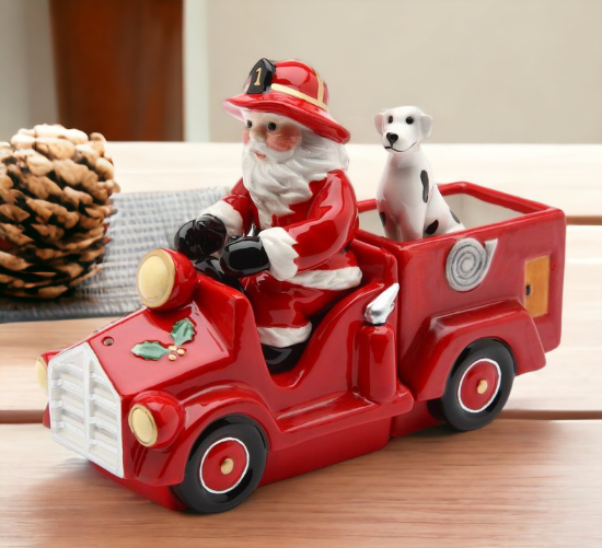 Ceramic Santa On A Firetruck Salt and Pepper Shakers with Box (Set Of 3) Home Décor Gift for Firefighter Christmas