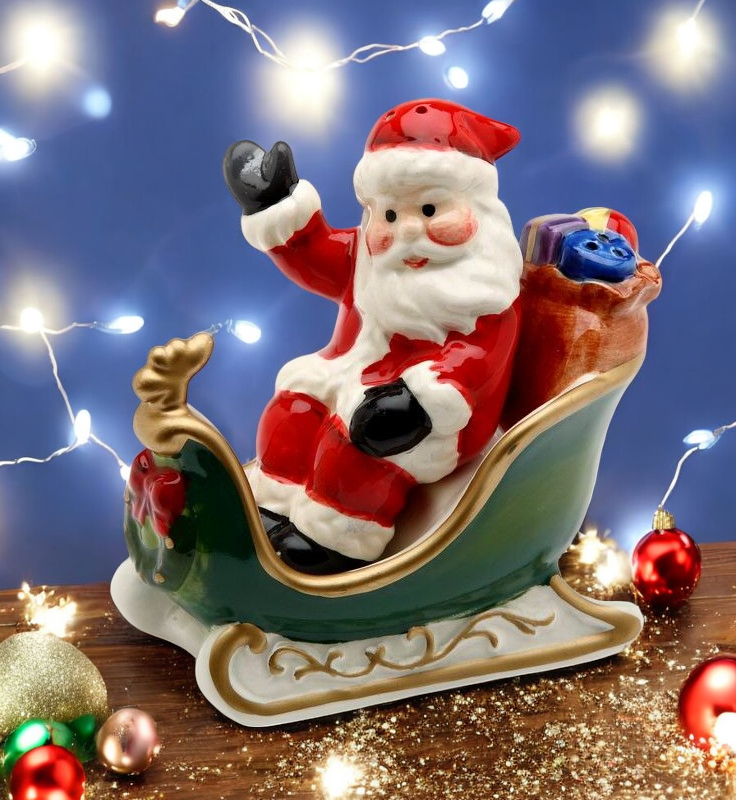 Ceramic Santa on Sleigh Salt and Pepper Shakers Christmas Decor Gift for Her - Salt & Pepper Shakers