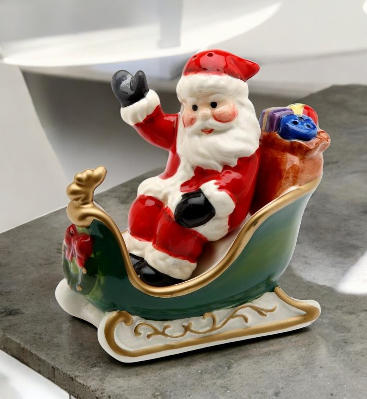 Ceramic Santa on Sleigh Salt and Pepper Shakers Christmas Decor Gift for Her - Salt & Pepper Shakers