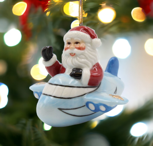 Ceramic Santa Ornament in Blue Airplane Home Décor Gift for Her Gift for Him Gift for Pilot Kitchen Décor Christmas
