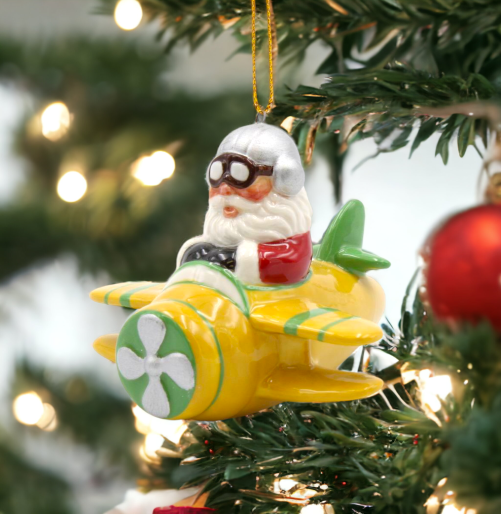 Ceramic Santa Ornament in Yellow Airplane Home Décor Gift for Her Gift for Mom Kitchen Décor Christmas Décor - Holiday