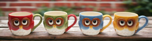 Ceramic Set Of 4 Colorful Owl Mugs Home Décor Gift for Her Gift for Mom Kitchen Décor Birdwatcher Gift - Mugs