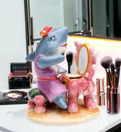 Ceramic Shark Putting on Makeup Figurine Gift for Her Gift for Mom Home Decor Vanity Decor Fashionista Gift - Figurine
