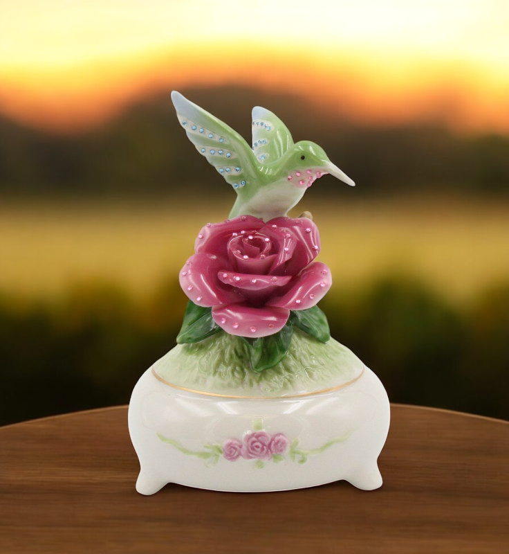 Ceramic Shimmering Hummingbird with Rose Flower Music Box Playing ’Fur Elise’ Bird Watcher Gift Gift for Her - Music box