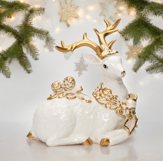 Ceramic Sitting Reindeer With Gold Accent Christmas Decor Gift for Mom - Figurine