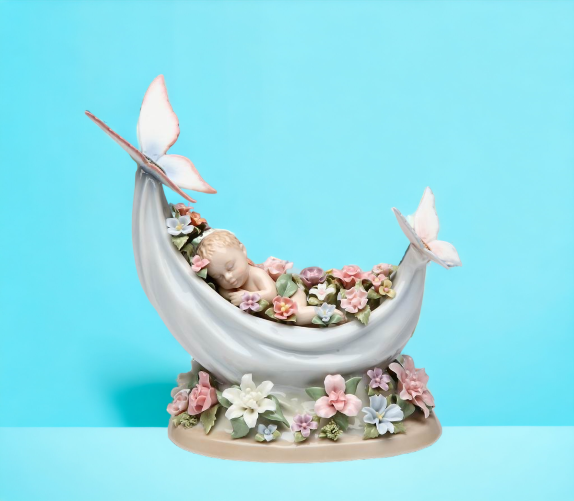 Ceramic Sleeping Baby Surrounded by Flowers and Butterflies Music Box Gift for New Mom Nursery Room Decor Baby Shower