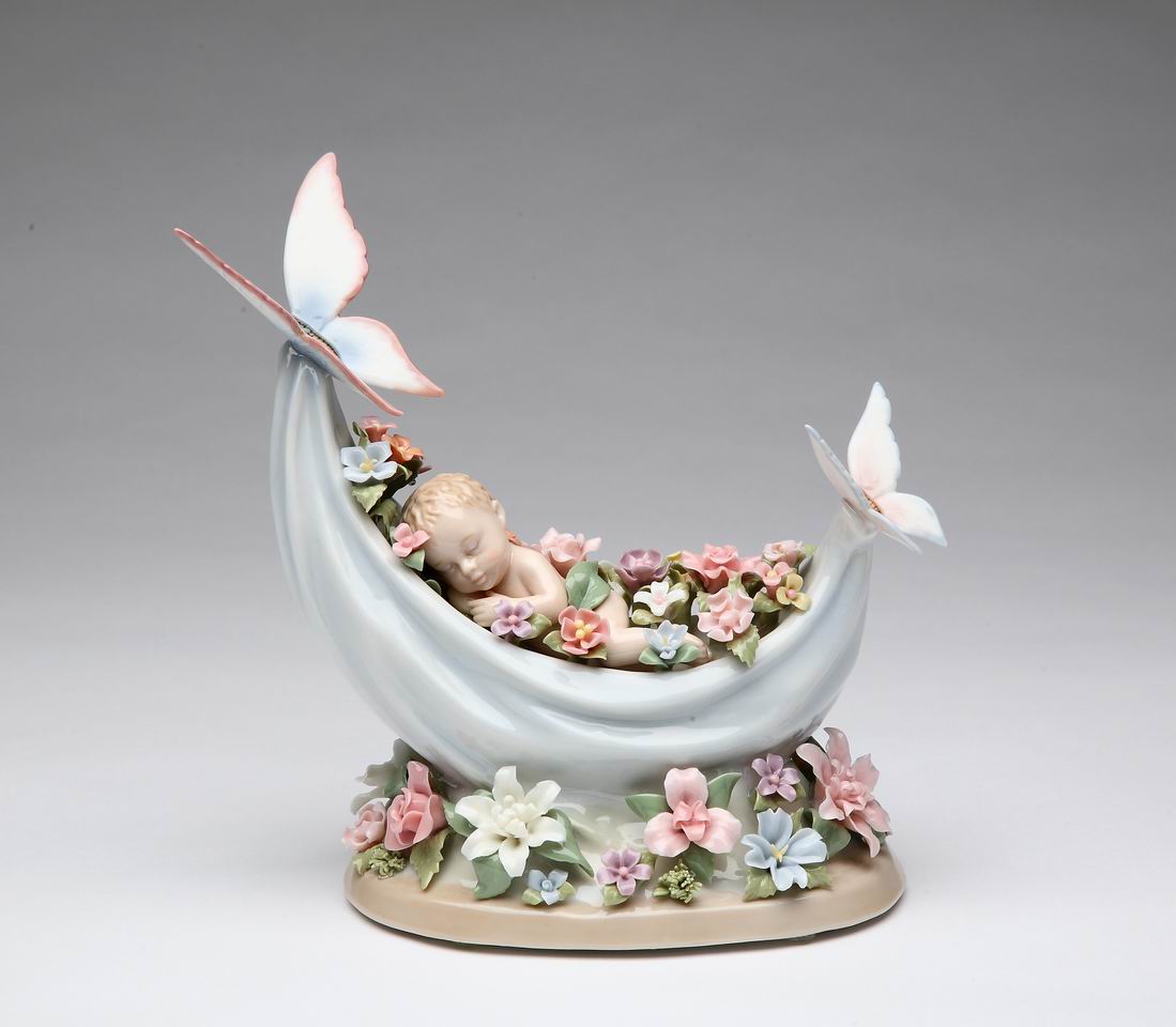 Ceramic Sleeping Baby Surrounded by Flowers and Butterflies Music Box Gift for New Mom Nursery Room Decor Baby Shower