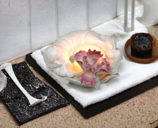 Ceramic Sleeping Cat with Iris Flower Tealight Candle Holder Home Décor Gift for Her Mom Bathroom Décor Cat Lovers Gift