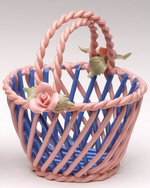Ceramic Small Blue and Pink Woven Basket with Pink Rose Flowers Home Décor Gift for Her Gift for Mom Nature Lover Gift
