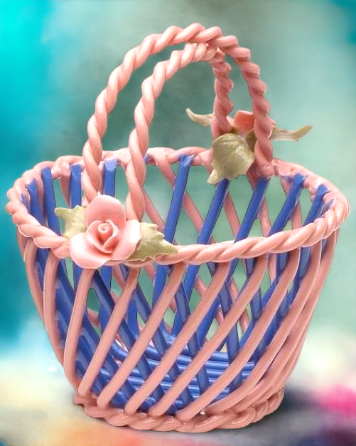 Ceramic Small Blue and Pink Woven Basket with Pink Rose Flowers Home Décor Gift for Her Gift for Mom Nature Lover Gift