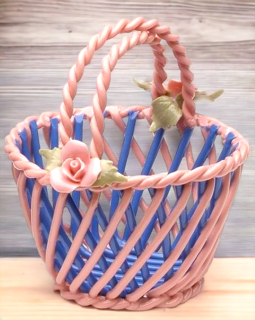 Ceramic Small Blue and Pink Woven Basket with Pink Rose Flowers Home Décor Gift for Her Gift for Mom Nature Lover Gift
