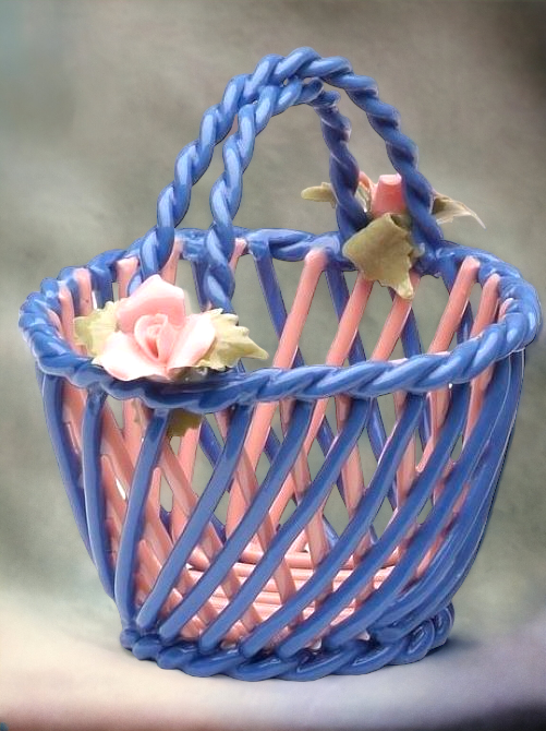 Ceramic Small Woven Blue Basket with Pink Rose Flowers Home Décor Gift for Her Gift for Mom Nature Lover Gift - Figurine