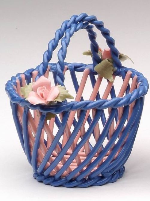 Ceramic Small Woven Blue Basket with Pink Rose Flowers Home Décor Gift for Her Gift for Mom Nature Lover Gift - Figurine