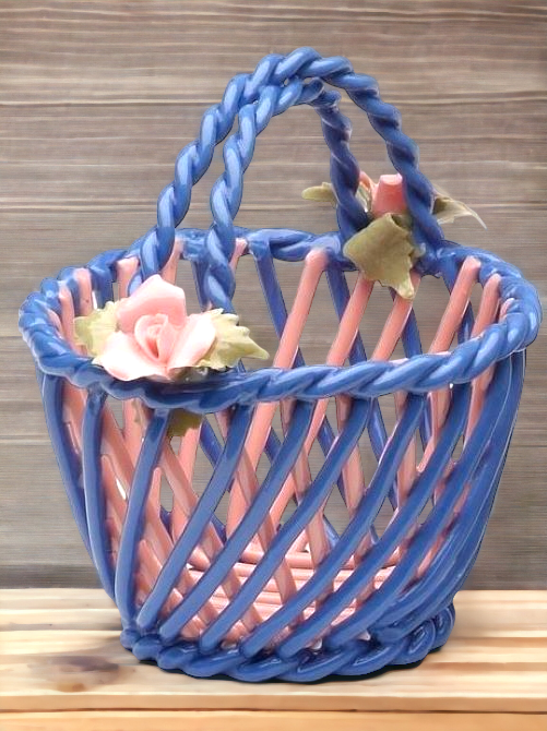 Ceramic Small Woven Blue Basket with Pink Rose Flowers Home Décor Gift for Her Gift for Mom Nature Lover Gift - Figurine