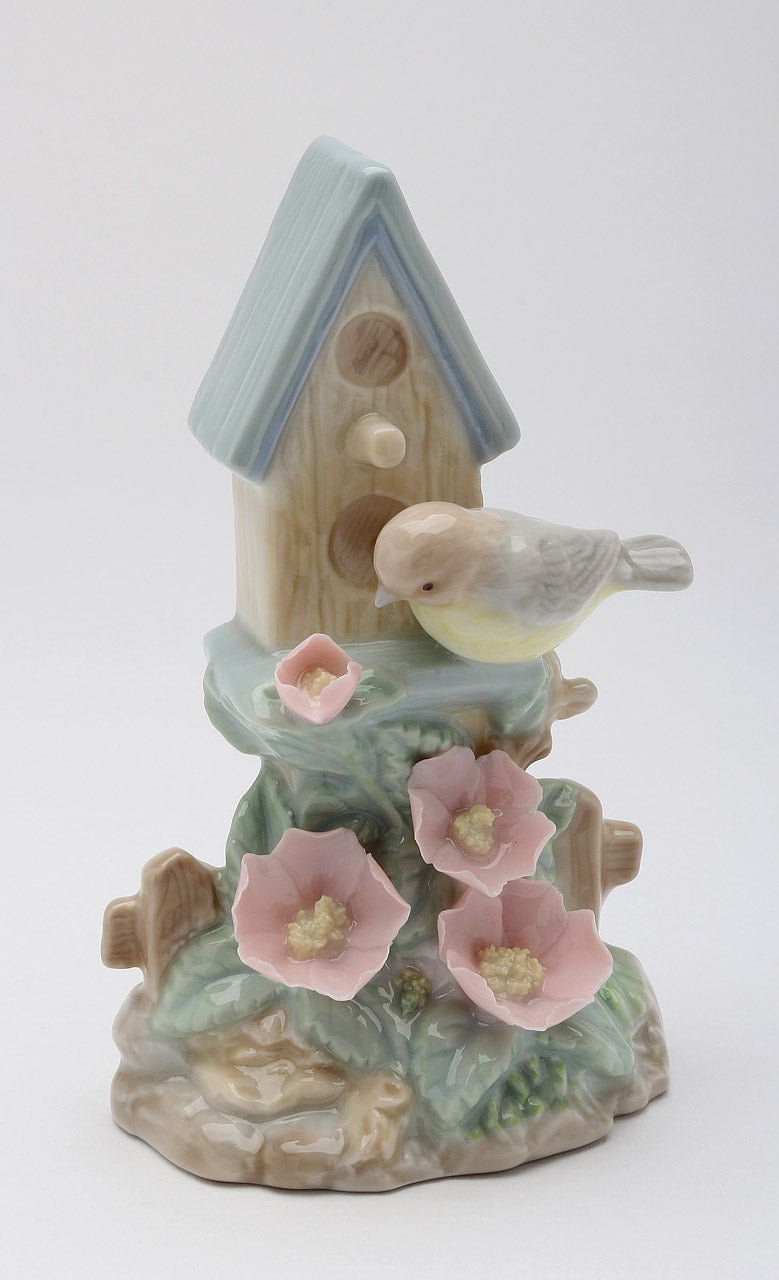 Ceramic Sparrow Bird By Birdhouse with Flowers Figurine Home Décor Gift for Her Mom Kitchen Décor Birdwatcher Gift