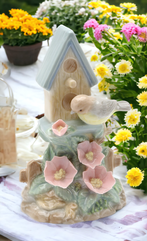 Ceramic Sparrow Bird By Birdhouse with Flowers Figurine Home Décor Gift for Her Mom Kitchen Décor Birdwatcher Gift