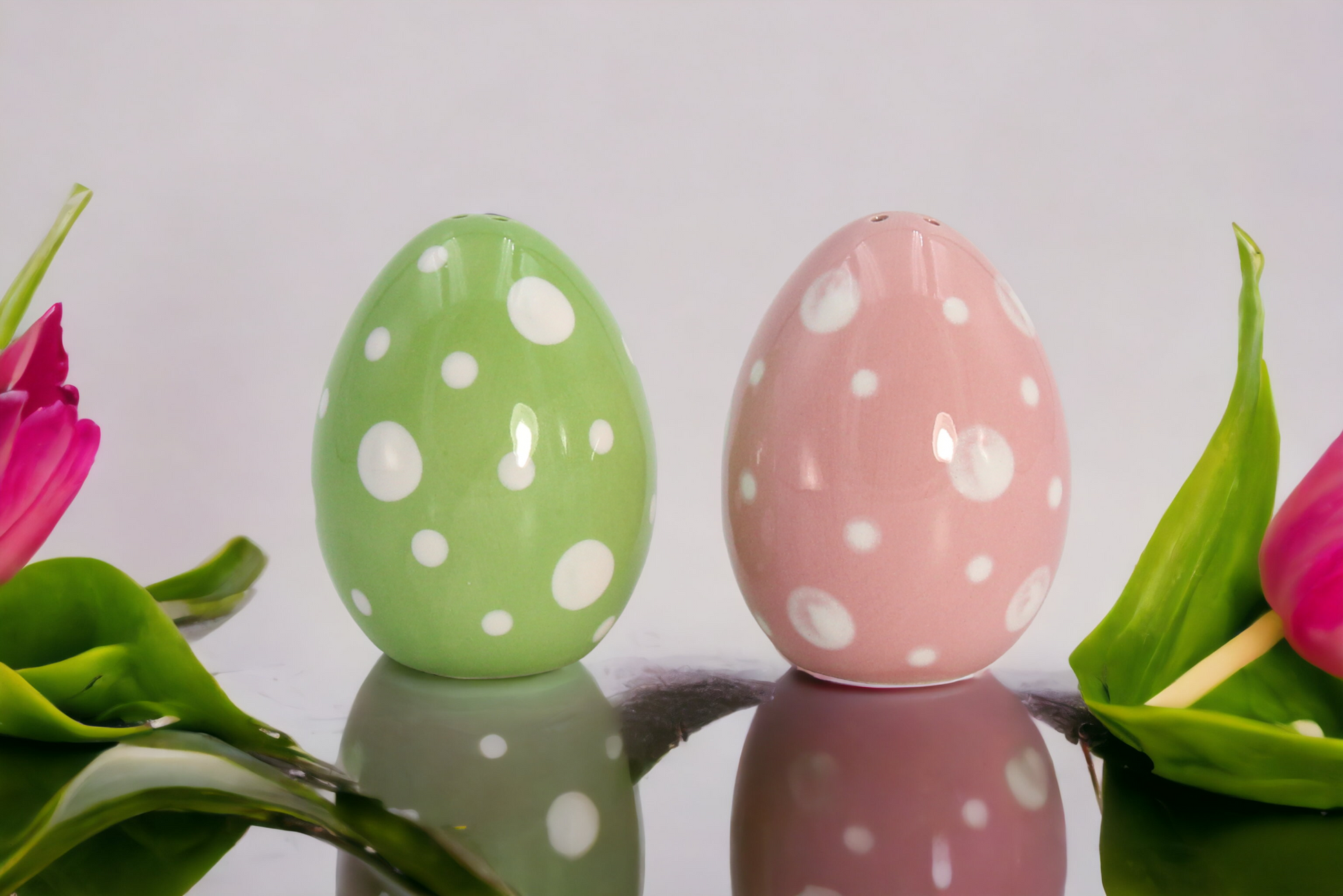 Ceramic Spotted Pink and Green Easter Egg Salt and Pepper Shakers Gift for Her Gift for Mom Kitchen Décor Spring Décor