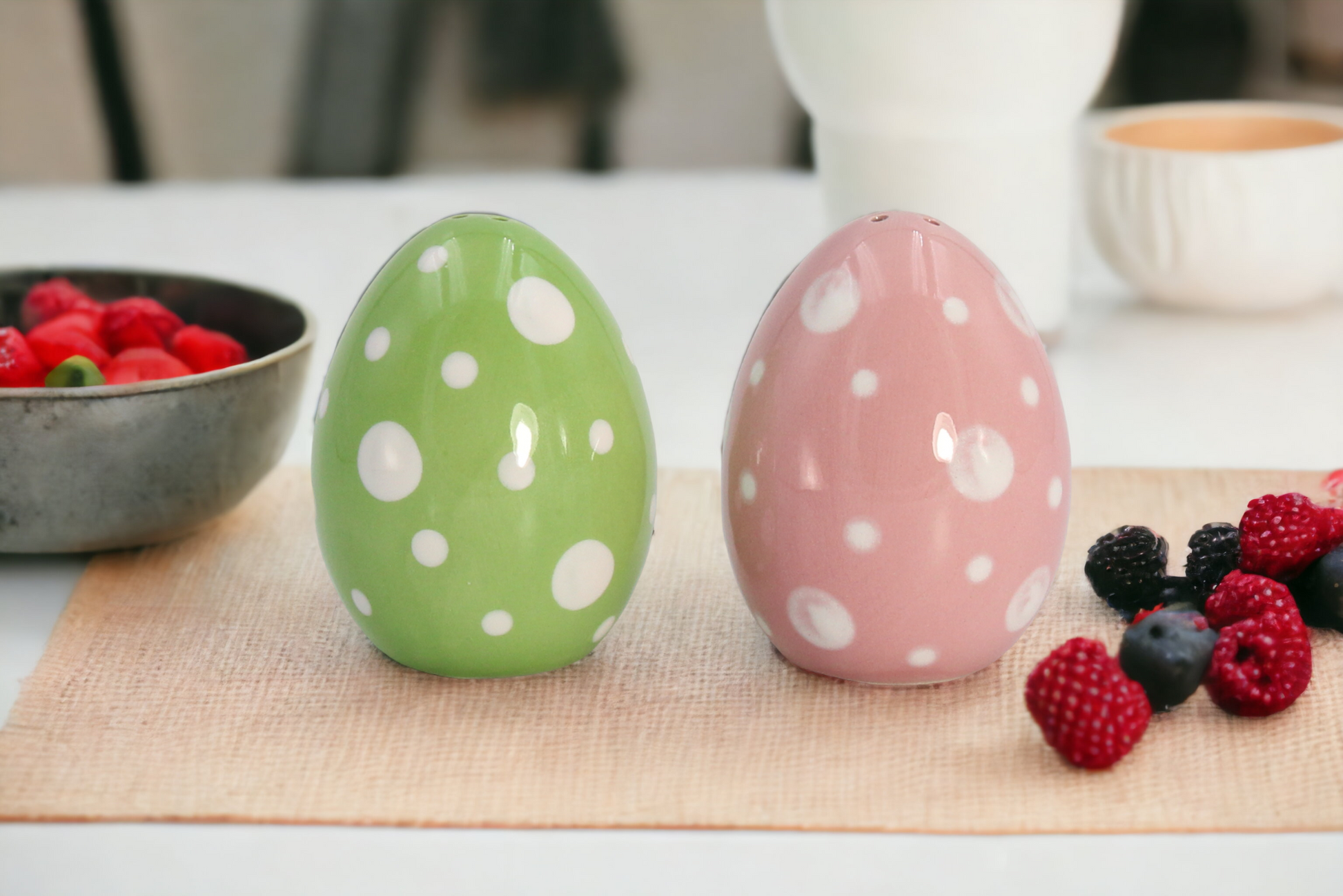Ceramic Spotted Pink and Green Easter Egg Salt and Pepper Shakers Gift for Her Gift for Mom Kitchen Décor Spring Décor