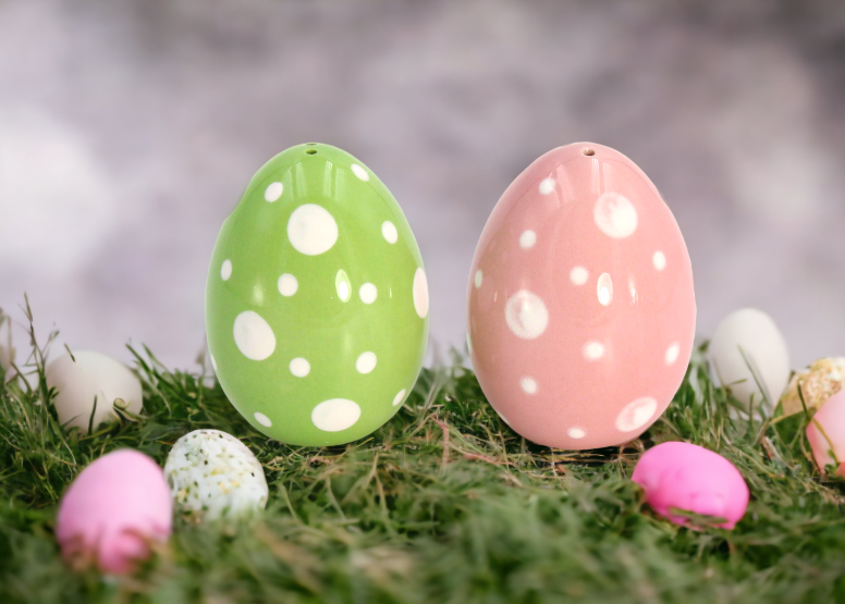 Ceramic Spotted Pink and Green Easter Egg Salt and Pepper Shakers Gift for Her Gift for Mom Kitchen Décor Spring Décor