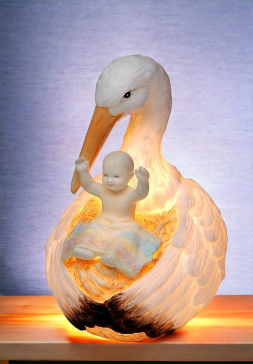 Ceramic Stork Holding Baby Nightlight Home Décor Nursery Room Décor Baby Registry Gift Gift for New Parents - Night