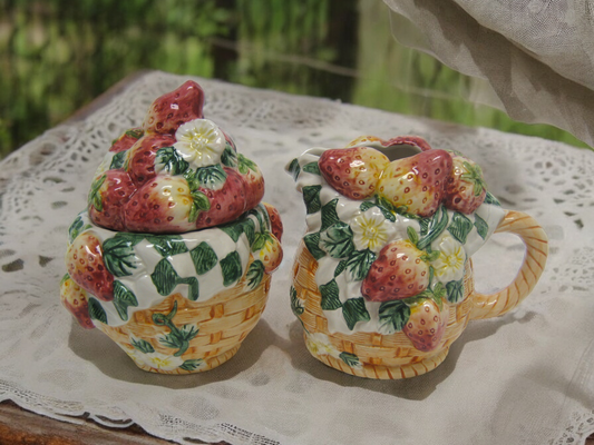 Ceramic Strawberry Sugar and Creamer Set Kitchen Decor Tea Set Decor Gift for Her Gift for Mom - Sugar Bowls & Creamers