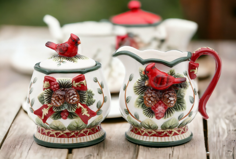 Ceramic Sugar Bowl and Creamer with Cardinals and Pine Cones Home Décor Gift for Her Gift for Mom Kitchen Décor