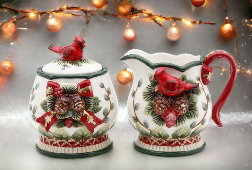 Ceramic Sugar Bowl and Creamer with Cardinals and Pine Cones Home Décor Gift for Her Gift for Mom Kitchen Décor