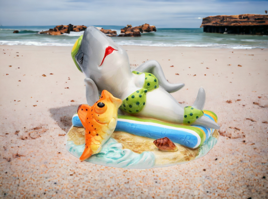 Ceramic Sunbathing Shark on the Beach Figurine Gift for Her Gift for Mom Home Decor Shark Lover Gift Summer Decor