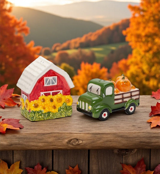 Ceramic Sunflower Barn and Red Pickup Truck With Pumpkins Salt and Pepper Shakers Gift for Her or Mom Fall Décor