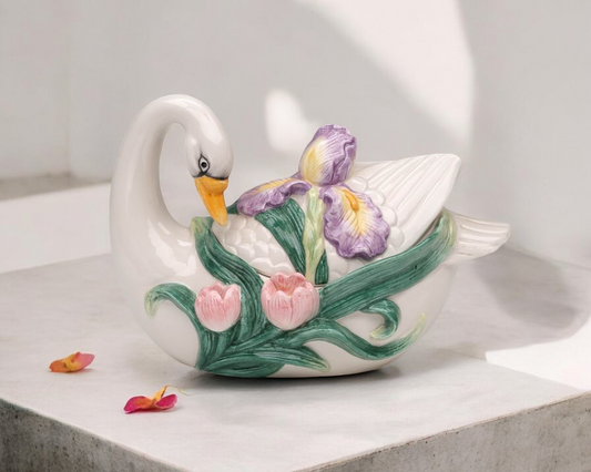 Ceramic Swan Bird with Flowers Accessory Box Vintage Decor Vanity Decor Gift for Her Gift for Mom - jewelry box