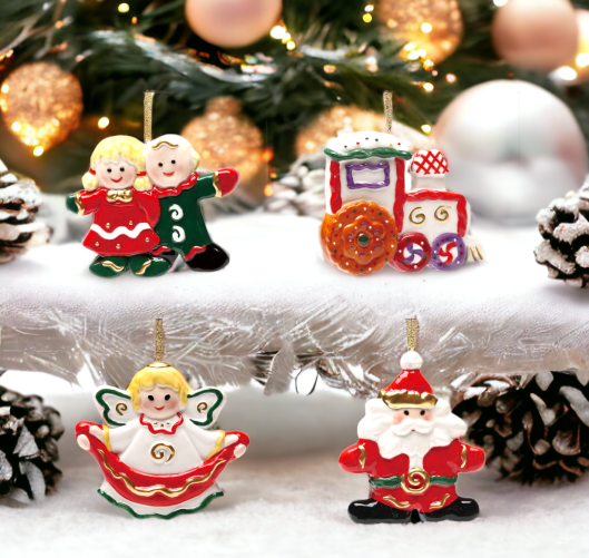Ceramic Sweet Holiday Ornaments Set Of 4 Train Angel Santa & Children Home Décor Gift for Her Gift for Mom Christmas