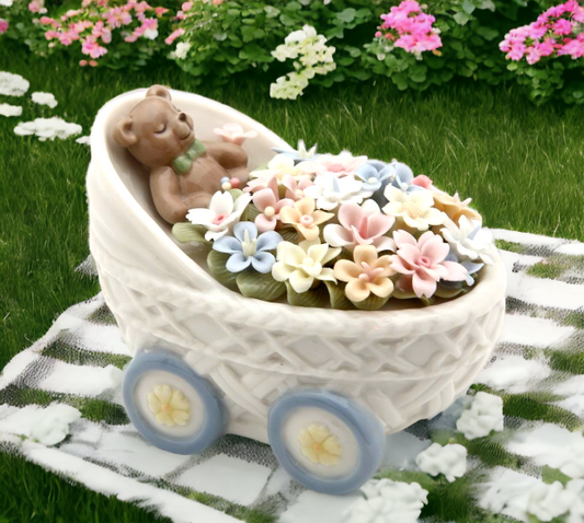Ceramic Teddy Bear With Flowers in Baby Stroller Figurine Home Décor Nursery Room Décor Baby Gift - Figurines