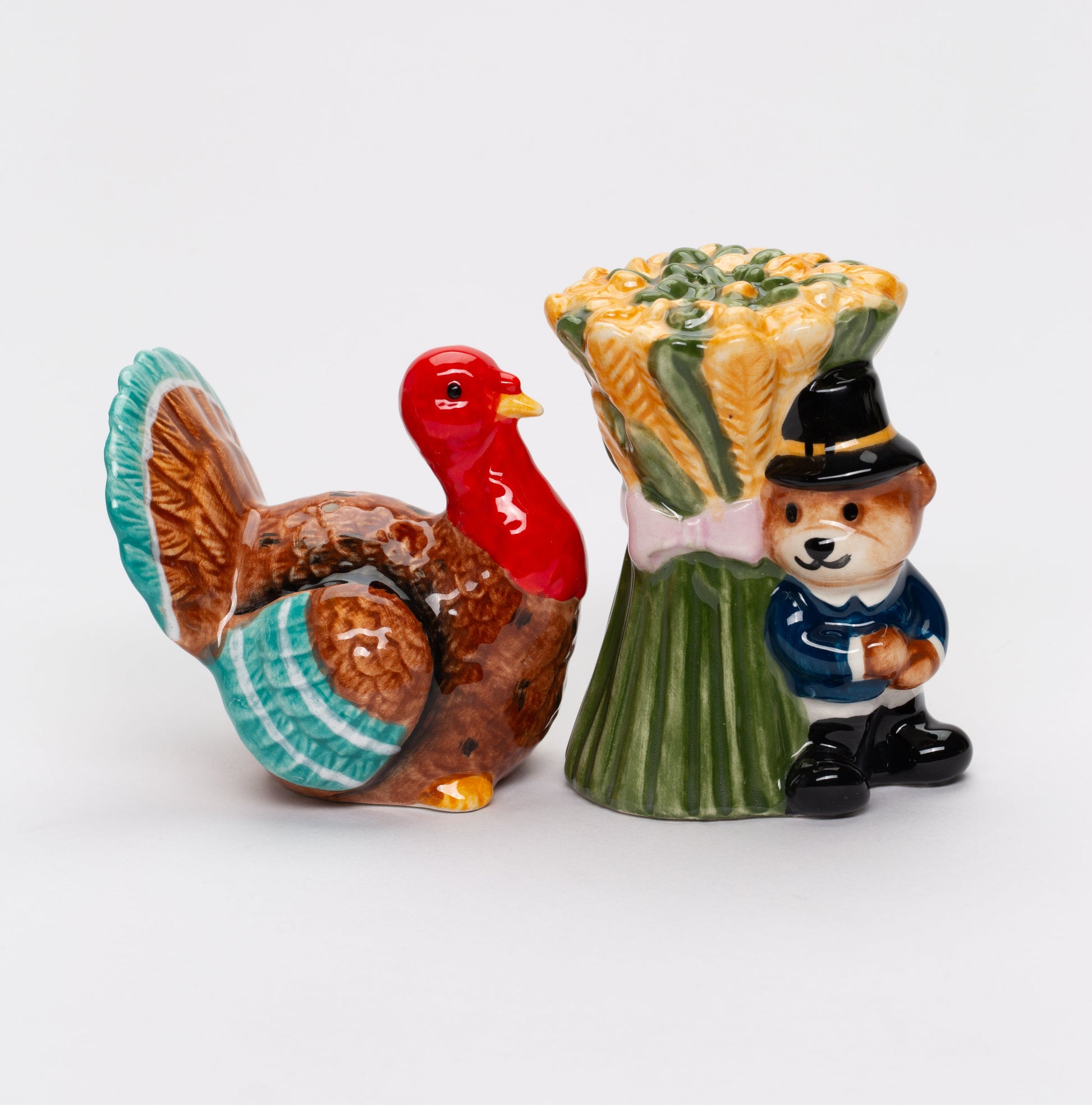 Ceramic Thanksgiving Teddy Bear and Turkey Salt and Pepper Shakers Gift for Her Gift for Mom Farmhouse Kitchen Décor