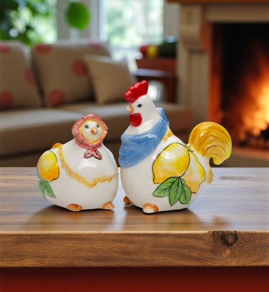 Ceramic Tuscany Rooster & Hen Salt and Pepper Shakers with Lemon Theme Farmhouse Kitchen Decor Gift for Her - Salt &