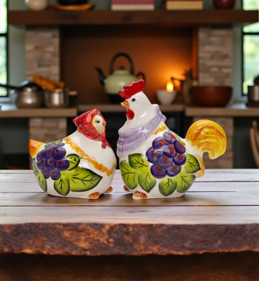 Ceramic Tuscany Rooster & Hen Salt and Pepper with Grape Theme Farmhouse Kitchen Decor Winery Decor Gift for Wine Lover
